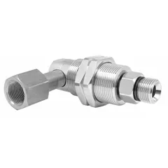 This MOSMATIC rotary union is a nickel-plated C38500 brass elbow joint with a single passage for transferring air from a stationary supply to a rotating shaft. It features a 3/8 in rotating shaft and supports a maximum speed of 1000 RPM. Typical applications include packaging, printing, and material handling equipment requiring a single-passage rotary joint for air.