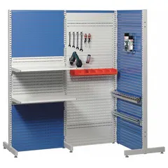 This steel corner joint connects and reinforces square-hole pegboard floor racks at 90-degree corners. It is used in industrial storage systems, shelving units, and display racks. The gray powder-coated finish provides a clean appearance. Dimensions: 2-5/8 x 1-1/2 x 1-1/2 inches.