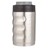 Silver stainless steel sleeve designed to insulate standard beverage cans. Overall height 5 3/8 in. Suitable for keeping drinks cold in break rooms, job sites, and outdoor work environments