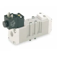Four-way, two-position solenoid air control valve, type 5599-2, with single solenoid and spring return. Operates on 24V DC with internal pilot actuation. Used for directional control of compressed air in pneumatic systems, such as actuating cylinders and other devices in industrial automation.