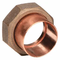 This low-lead cast bronze union connects copper tubing to female threaded pipe. The cup end accepts 1-1/2 in CTS copper tube for sweat (solder) installation; the opposite end has 1-1/2 in FNPT threads. Used in plumbing and hydronic heating systems where disassembly for maintenance is required.