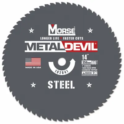 MORSE Circular Saw Blade: 14 in Blade Dia., 66 Teeth, 0.09 in Cut Wd, 1 in Arbor Size - Steel & General Metal-Cutting Blades