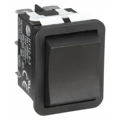 This DPDT rocker switch features three positions with momentary on/off/momentary on action. It is suited for general-purpose switching in control panels, machinery, and equipment requiring temporary circuit activation or reversal.