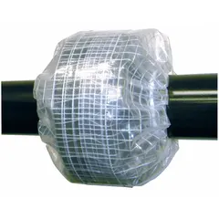 Transparent polyethylene spray shield for 10-inch pipe, rated for ANSI Class 150 flanges with a maximum pressure of 150 psi. Allows visual leak detection while containing spray from flanged connections in industrial piping systems.