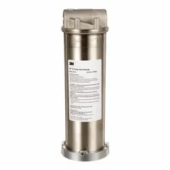 This water filter cartridge housing features a 316 stainless steel head and 304 stainless steel sump, with housing material of 304L/316L stainless steel in a silver finish. It has a 3/4 in NPT connection and an overall height of 19-1/2 in. Suitable for industrial water filtration applications requiring corrosion resistance.