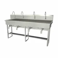 This four-station freestanding wash station with faucets is constructed of 16-gauge material. It features a 77-inch bowl length and 8-inch bowl depth, with a flow rate of 2 gpm. Side splash is not included. Suitable for commercial handwashing in high-traffic areas.