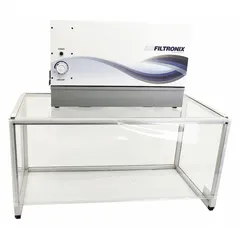 Fully assembled light duty ductless fume hood with integral blower. White finish, 30 in overall width, 32 1/2 in overall height, 18 in overall depth. Base/stand and work surface required but not included. Used for containment of low-hazard particulates and vapors during sample preparation, weighing, or mixing.