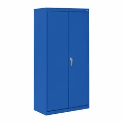 Stationary steel cabinet with welded construction and powder-coated blue finish. Includes 4 fixed shelves, a frame base, and a cam lock for secure storage. Suitable for organizing tools, parts, and supplies in industrial facilities, warehouses, and workshops.