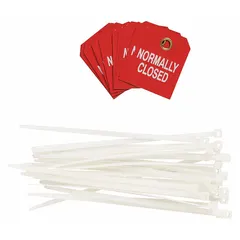 Set of 10 white tags with red/white markings, each secured by a cable tie. Used for labeling equipment, pipes, or safety barriers where a permanent, tamper-resistant identification is required.