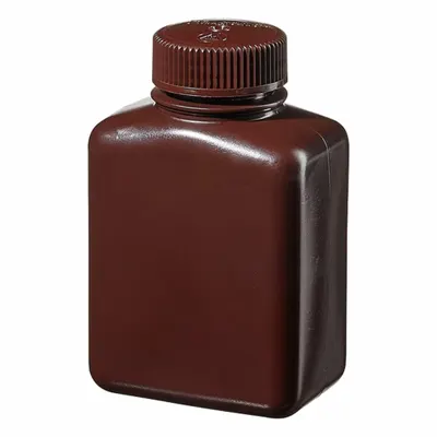 NALGENE Laboratory Bottle: 250 mL, 8 fl oz, HDPE, Amber, 38 mm Screw Closure Size - HDPE Rectangular Lab Bottles