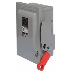 This non-fusible safety switch from Siemens is rated for 60 A, three-phase, 600V AC circuits. It features a galvanized steel enclosure designed for indoor installation. Typical applications include providing a means to safely disconnect power for maintenance or emergency shutdown in industrial and commercial electrical distribution systems.