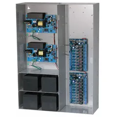 Steel-enclosed power supply board converting 115V AC input to regulated 24V DC output up to 11A. Suitable for access control, security, and industrial automation systems requiring centralized DC power distribution.