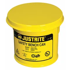 This bench can is constructed from powder coated steel in yellow, with a 1/4 gallon capacity. It is used for safe handling and dispensing of flammable liquids in industrial settings such as labs, maintenance shops, and manufacturing workstations.