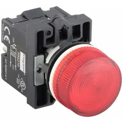 This red LED pilot light is designed for 22 mm panel mounting and operates at a maximum supply voltage of 24 V AC/DC. It serves as a visual status indicator on industrial control panels, machinery, and automation equipment, signaling power-on, alarm, or fault conditions. No push-to-test function is included.