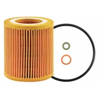 Cartridge oil filter element for BMW vehicles. Constructed with cellulose media to trap contaminants. Includes two O-rings for sealing. Dimensions: 3 1/8 in overall height, 2 7/8 in outside diameter