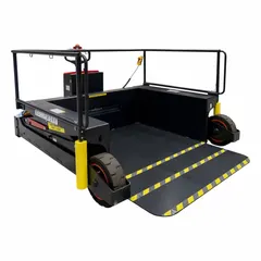 This fully-powered scissor-lift table has a 5,000 lb load capacity and a 75 in L x 59 in W steel platform. It is powered by a sealed lead acid battery for portable operation without external power. The dual scissor mechanism provides stable lifting for loading docks and material handling tasks.