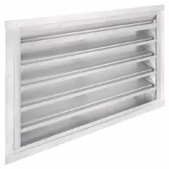 Extruded aluminum combination damper and louver with drainable blades for commercial HVAC systems. Flanged design for exterior wall or intake/exhaust openings. Maximum air velocity: 3,000 fpm. Overall frame size: 26.5 in H x 32.5 in W.