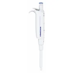 Manual adjustable volume single-channel pipettor with a maximum capacity of 1,000 ul and 1 ul volume increments. Autoclavable for sterilization. Used for precise liquid handling in laboratory settings such as dispensing and transferring volumes.
