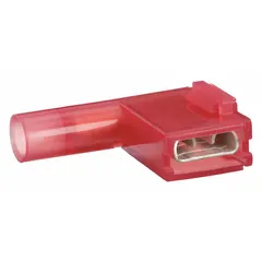 Red nylon fully insulated flag disconnect for 22 AWG to 18 AWG wire sizes. Features a butted barrel and seam design for secure crimping. Full coverage insulation protects against accidental shorts. Used for quick termination or joining of wires in control panels, appliances, and industrial equipment.