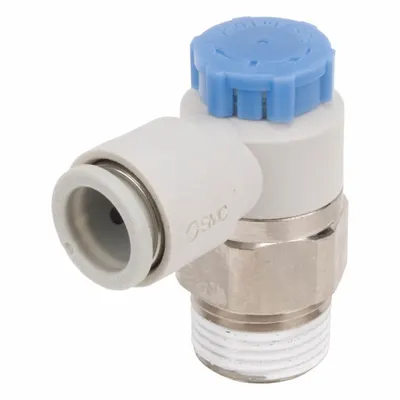 SMC Speed Control Valve: Elbow Fitting, Knob, 3/8 in Valve Body Size, 8 mm Tube - Elbow-Style Speed Control Valves