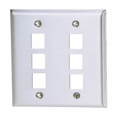 This 2-gang, 6-port keystone wall plate is constructed of stainless steel with a silver finish. It features a flat module style with vertical outlet orientation, compatible with keystone jack modules for structured cabling installations.