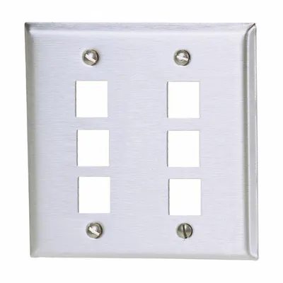 HUBBELL PREMISE WIRING Wall Plate: Silver, 2 Gang, 6 Port, Flat Module, Stainless Steel - Keystone Wall Plates