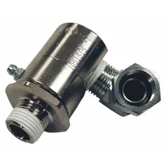 This carbon steel hose reel swivel connects 1/2 in FNPT inlet to 1/2 in MNPT outlet, designed for use with REELCRAFT 7000 Series reels. It features EPM seals and a maximum operating pressure of 3,000 psi, suitable for industrial fluid handling applications where hose twisting must be prevented.