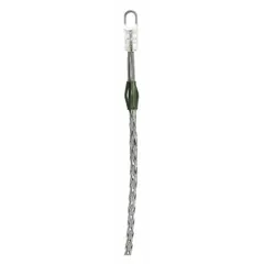 Galvanized steel pulling mesh grip for cable diameters from 0.25 to 0.49 inches. Features a rotating eye style and dark green color code. Breaking strength of 6,800 lb. Used for pulling cables through conduit or cable trays in electrical installations.