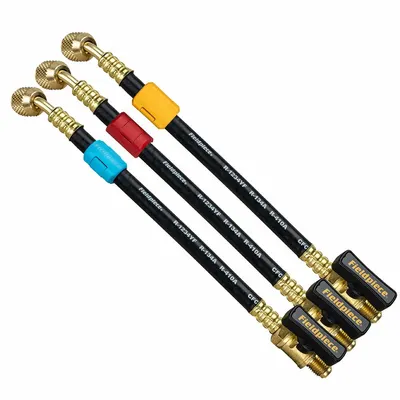 FIELDPIECE Hose Extension Set: 8 in Lg, 45° Angle, Black, Rubber, 3 Hoses - Evacuation & Charging Hose Sets
