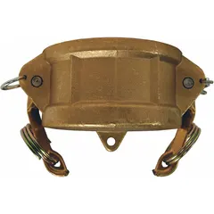 This forged brass dust cap seals the end of a cam-and-groove coupling when not in use, protecting internal components from dirt and debris. It features a nitrile gasket and has a maximum working pressure of 150 psi at 70°F. Overall length is 3 9/32 in.