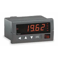DC voltage digital panel meter with 200 VDC input range and 1,999 display span. Features a red LED display with high contrast, accuracy of ±0.1% of reading ±1 count, and RS-485 interface. Includes two SPDT relay contacts rated 5 A at 120 VAC, screw clamp terminals, and NEMA 4X enclosure. Suitable for industrial control panels and process monitoring applications.