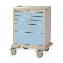 This steel medical supply cart features a taupe cabinet and light blue drawers. It is equipped with two swivel casters and two swivel casters with brakes for mobility and stability. Commonly used in healthcare settings to organize and transport medical supplies, instruments, and medications.