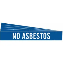Blue pipe marker with white legend reading 'No Asbestos'. Each marker fits pipe outer diameters from 2-1/2 to 7-7/8 inches. Supplied without directional arrows in a 5-pack. Used to label pipes that do not contain asbestos, aiding in safety identification during maintenance or demolition.