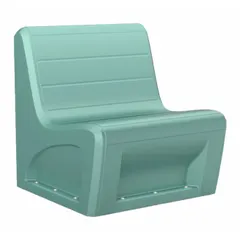 This armless lounge chair features a polyethylene seat in Aqua, designed as a freestanding single-seat unit. It meets CAL 133 fire safety standards and ISO 22196 antimicrobial requirements, making it suitable for commercial waiting areas, lobbies, and break rooms.