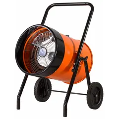 This portable salamander electric heater delivers 10kW of heating output for jobsite and garage use. It is hardwired for 240V AC single-phase operation and features a totally enclosed motor with automatic-reset thermal overheat protection. The unit provides a 46°F air temperature rise and measures 38-9/16 in x 25 in x 26-1/4 in.
