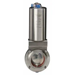 This pneumatic butterfly valve is constructed from 316 stainless steel with a 3-A certification. It features an air-to-spring clamp design with silicone components, a maximum actuator air pressure of 145 psi, and an average surface roughness (Ra) of 32. The valve does not include a pilot solenoid. Typical applications include sanitary flow control in food, dairy, beverage, and pharmaceutical processing.