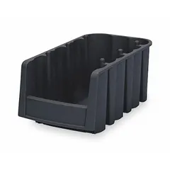 This black solid plastic bin from AKRO-MILS has a 15 lb load capacity and measures 8-3/8 x 11-7/8 x 5 inches. It is designed for stacking and nesting storage of parts, tools, or components in industrial environments. The bin contains 0% recycled content.