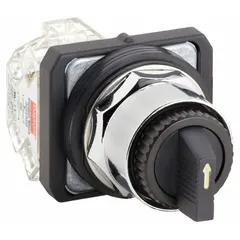This 30 mm panel-mount selector switch features a plastic long-handled knob with a metallic bezel and a C cam. It offers three positions with maintained/maintained/momentary action (On-Off-On) and is rated 10 A at 600 V AC and 0.27 A at 250 V DC. Suitable for industrial control circuits requiring a momentary jog function, such as machine on/off/jog or motor start/stop/run applications.