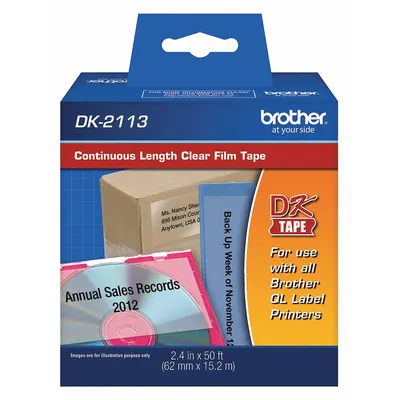 BROTHER Continuous Label Stock: 2 13/32 in x 50 ft, Polyester, Clear (Gloss) - Brother Direct Thermal Continuous Label Rolls