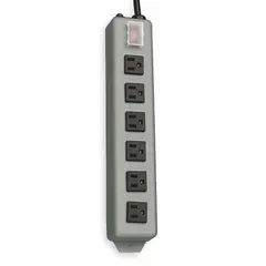 Healthcare power strip with 6 outlets, 15 ft cord, 15 A rating, and 5-15P plug. Complies with UL 1363 for use in medical environments. Gray housing with keyhole mounting for secure installation. Width: 2 1/2 in.