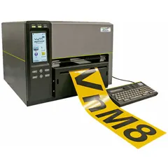 Multi-color thermal transfer printer for industrial labeling and signage. Prints on continuous vinyl rolls up to 9 inches wide. Connects via Ethernet or USB. Includes USB cable and continuous vinyl roll; battery not included.
