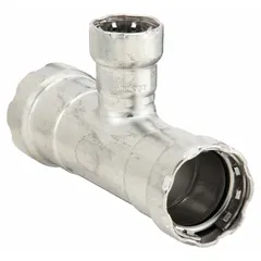 Stainless steel press tee fitting with EPDM seal for potable water systems. Creates a branch connection in 2 in x 2 in x 1 in pipe runs. Designed for crimp installation.