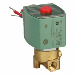 This REDHAT solenoid valve is a 2-way, 2-position normally closed type with a 1/8 in pipe size. It operates on 220V AC and is designed for high-flow applications. The coil enclosure is without a junction box. Typical uses include on/off control of water, air, and light oil in industrial fluid systems.