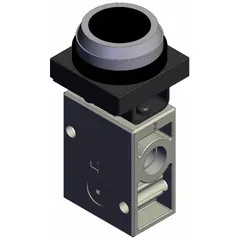 This manual air control valve from the VM Series features a flush button actuator with 3 ports and a 1/4-inch connection. It is rated for a maximum operating pressure of 1 MPa. Typical applications include pneumatic control circuits where manual switching is required.