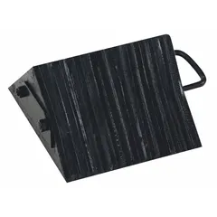 Single black laminated rubber wheel chock with extended handles. Overall dimensions: 10 in length, 10 in width, 5 1/2 in height. Used to secure parked vehicles, trailers, and industrial equipment from unintended movement.