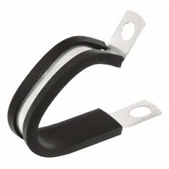 This double tube clamp secures pipes, tubes, or cables up to 1 inch outer diameter. The galvanized steel body resists corrosion, while the EPDM rubber cushion dampens vibration and protects the surface. Commonly used in industrial piping, pneumatic, and hydraulic systems for organized routing and support.