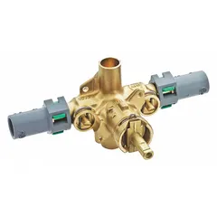 This control valve is designed for use in bathtub and shower systems, regulating water flow and temperature. It features CPVC connections and a four-port configuration for integration with compatible plumbing systems.