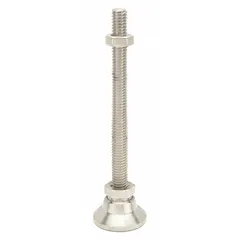 Nickel-plated round-base leveling mount with swiveling stud and 1/4"-20 thread size. Rated for 1,000 lb load capacity. Includes jam nut and mounting holes. Used for leveling and stabilizing industrial machinery, equipment, and workstations.