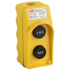 Plastic-enclosed pendant with two momentary push buttons labeled Forward/Reverse. Rated AC 10 A @ 600 V, DC 5 A @ 600 V. Suitable for industrial control applications requiring forward/reverse operation in environments where protection against water, dust, and corrosion is needed.
