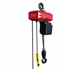 This heavy-duty electric hoist is hook mounted without a trolley, designed for fixed-point lifting applications. It operates on 230/460V AC with a single speed and includes a chain container. Headroom clearance ranges from 28 to 30 inches.